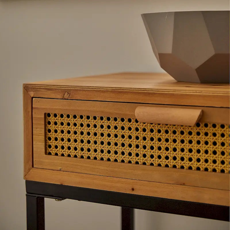 Table console moderne de style ferme COZAYH 44 avec façade tissée et canapé