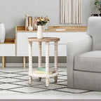 Table d'appoint ronde avec rangement, modèle Dullahan Road de Gray Barn, en bois blanc vieilli et naturel.