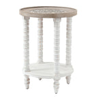 Table d'appoint ronde avec rangement, modèle Dullahan Road de Gray Barn, en bois blanc vieilli et naturel.