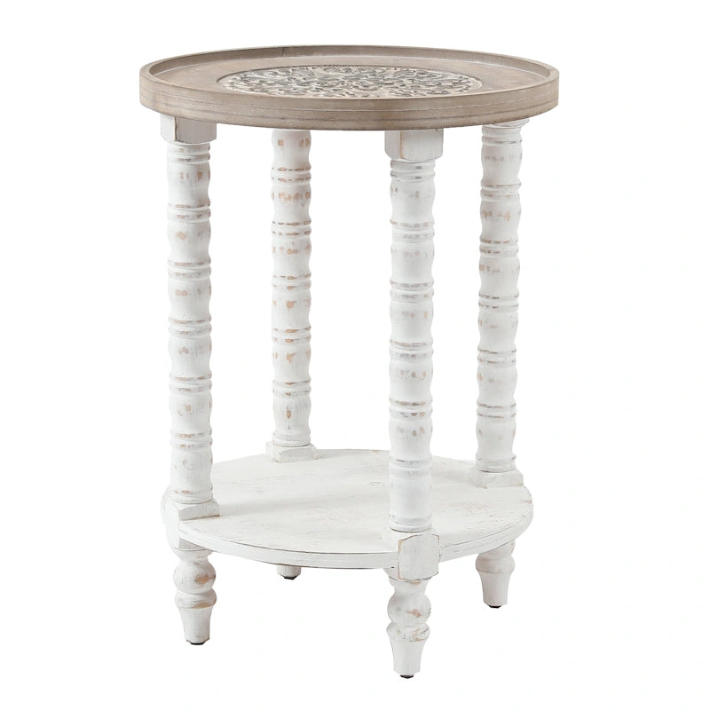 Table d'appoint ronde avec rangement, modèle Dullahan Road de Gray Barn, en bois blanc vieilli et naturel.