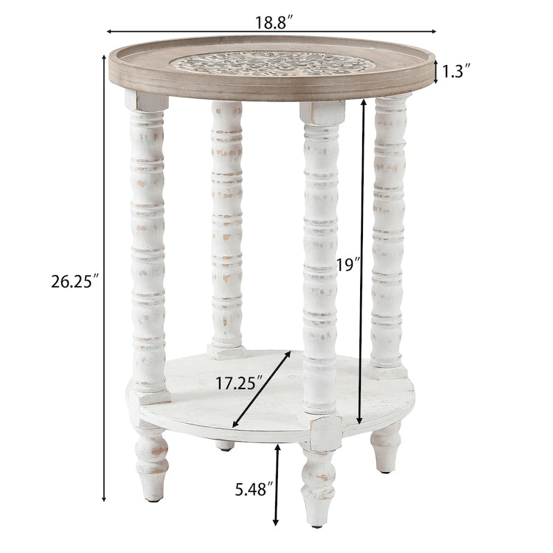 Table d'appoint ronde avec rangement, modèle Dullahan Road de Gray Barn, en bois blanc vieilli et naturel.