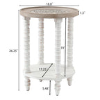 Table d'appoint ronde avec rangement, modèle Dullahan Road de Gray Barn, en bois blanc vieilli et naturel.