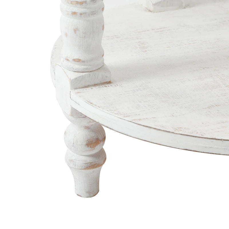 Table d'appoint ronde avec rangement, modèle Dullahan Road de Gray Barn, en bois blanc vieilli et naturel.