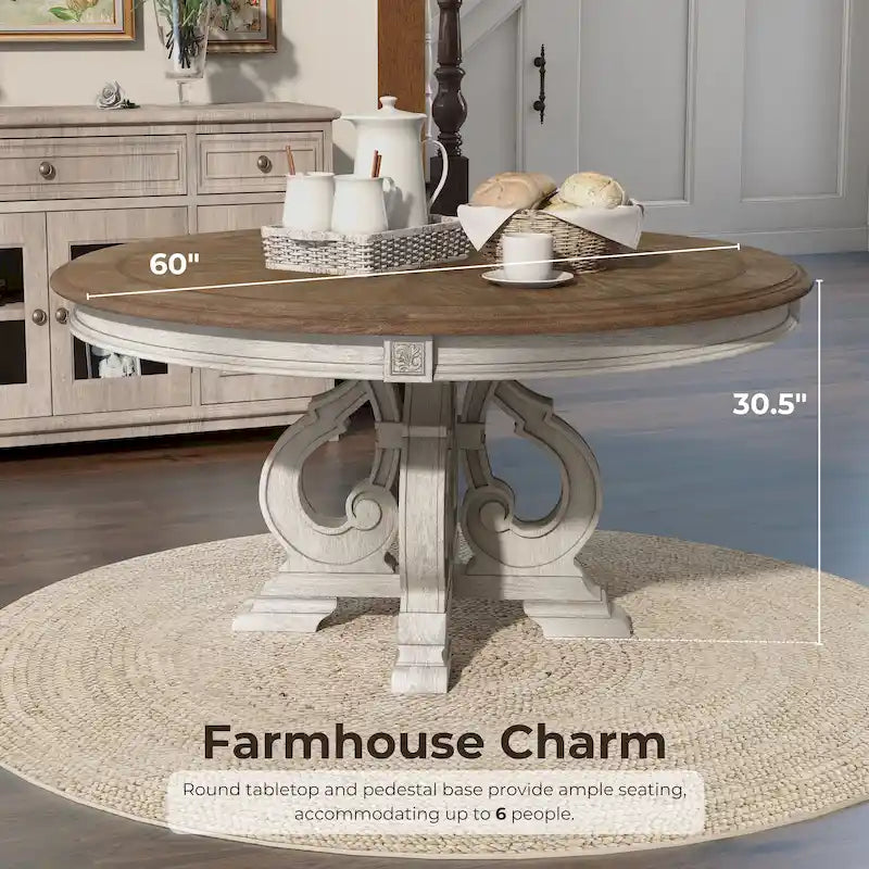 Table de salle à manger ronde en bois blanc antique de 60 pouces de style ferme Caelum de Gray Barn