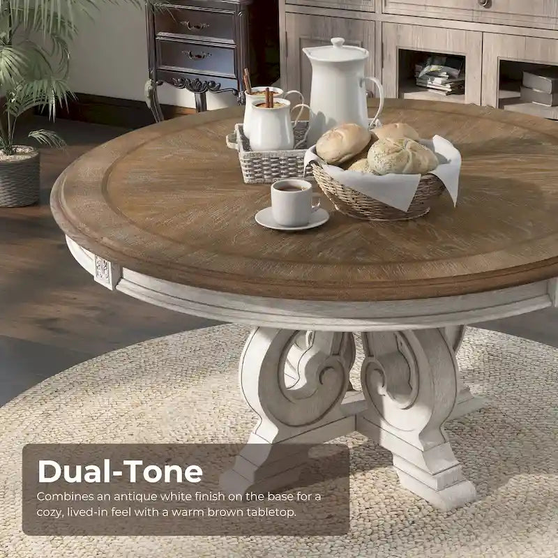Table de salle à manger ronde en bois blanc antique de 60 pouces de style ferme Caelum de Gray Barn