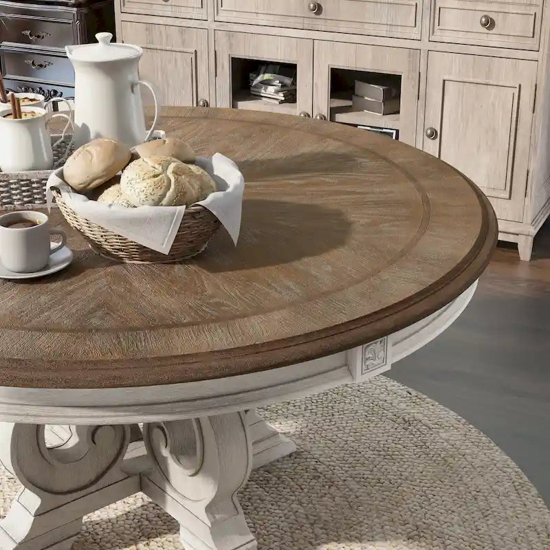 Table de salle à manger ronde en bois blanc antique de 60 pouces de style ferme Caelum de Gray Barn
