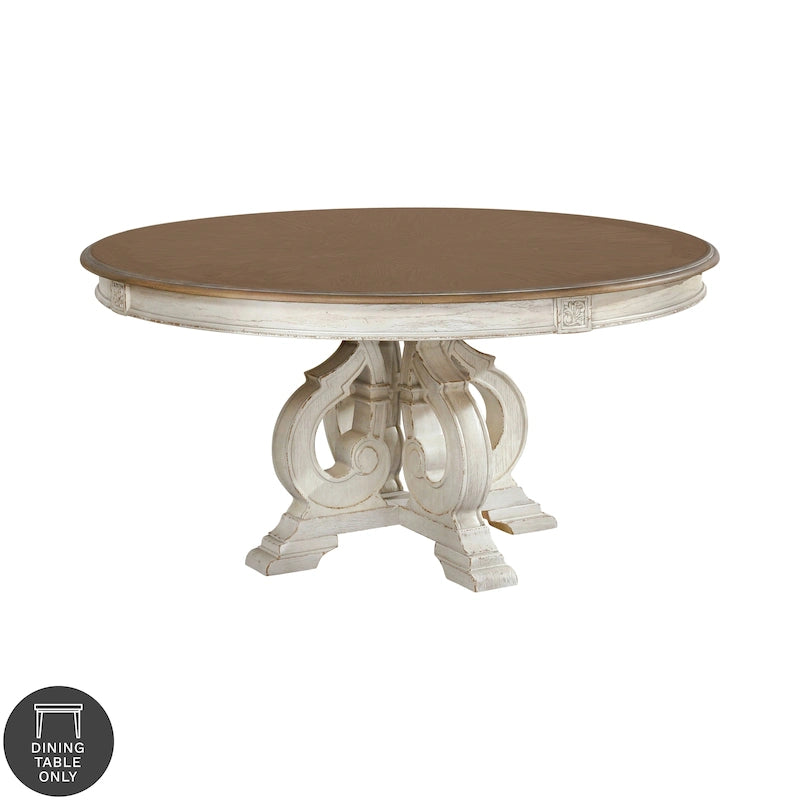 Table de salle à manger ronde en bois blanc antique de 60 pouces de style ferme Caelum de Gray Barn