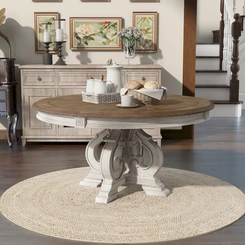 Table de salle à manger ronde en bois blanc antique de 60 pouces de style ferme Caelum de Gray Barn