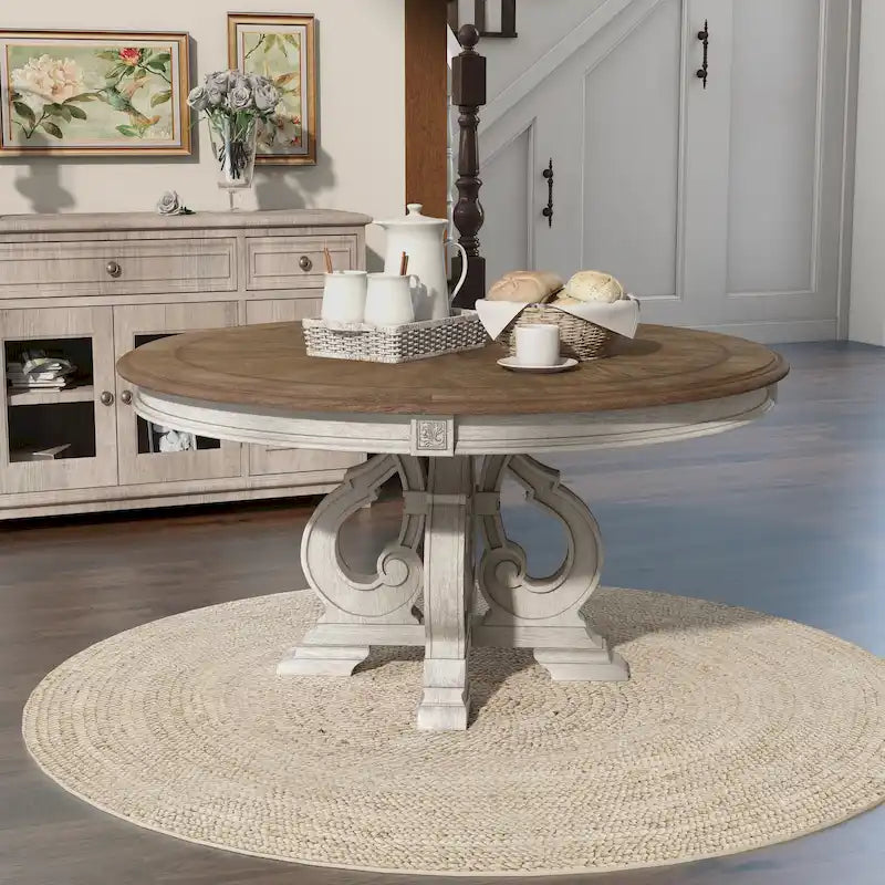 Table de salle à manger ronde en bois blanc antique de 60 pouces de style ferme Caelum de Gray Barn