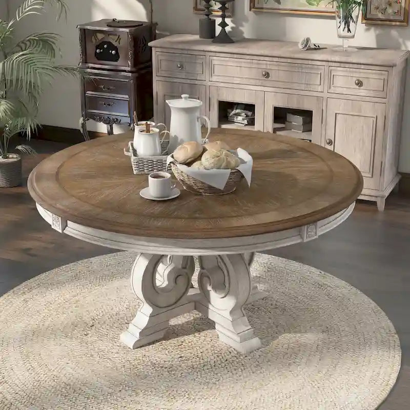 Table de salle à manger ronde en bois blanc antique de 60 pouces de style ferme Caelum de Gray Barn