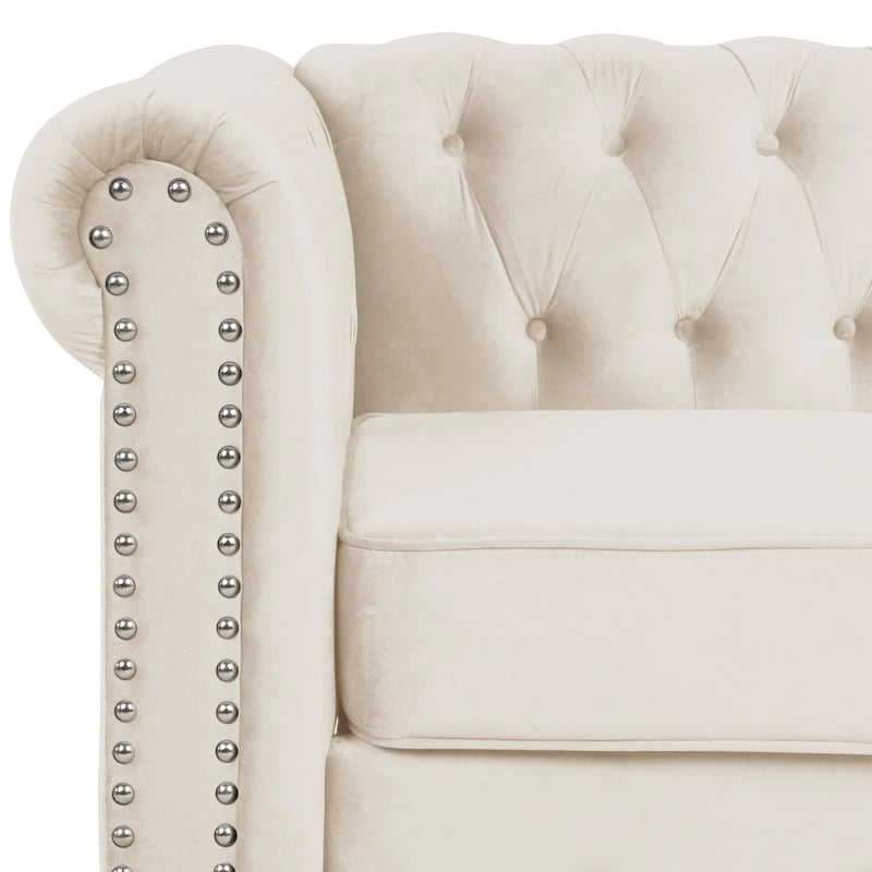 Canapé Chesterfield Morden Fort en velours, orné de clous décoratifs et doté de pieds massifs, pour salon