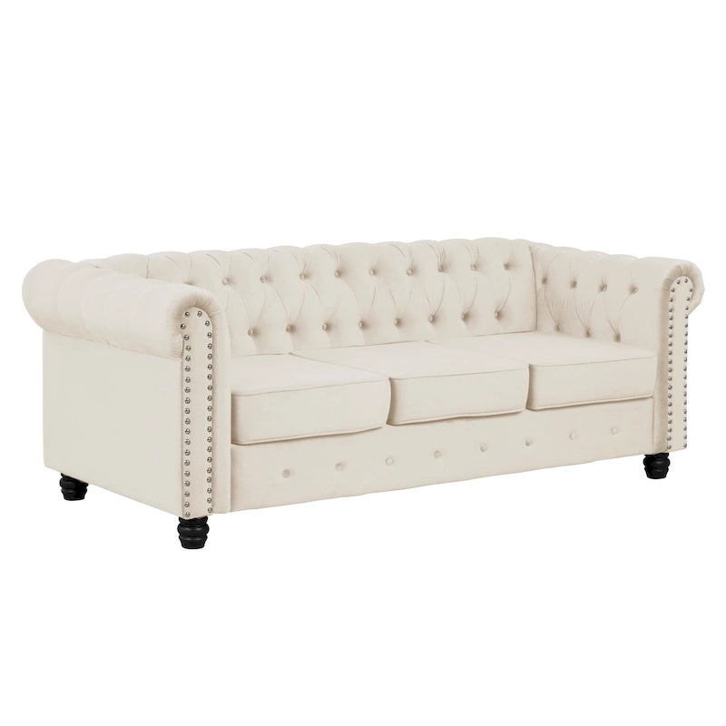Canapé Chesterfield Morden Fort en velours, orné de clous décoratifs et doté de pieds massifs, pour salon