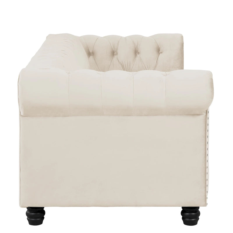 Canapé Chesterfield Morden Fort en velours, orné de clous décoratifs et doté de pieds massifs, pour salon