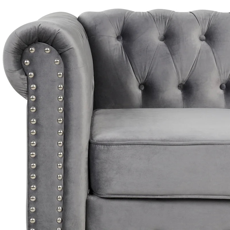 Canapé Chesterfield Morden Fort en velours, orné de clous décoratifs et doté de pieds massifs, pour salon
