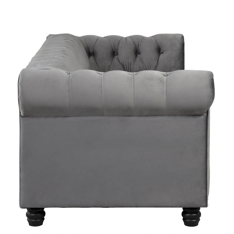 Canapé Chesterfield Morden Fort en velours, orné de clous décoratifs et doté de pieds massifs, pour salon
