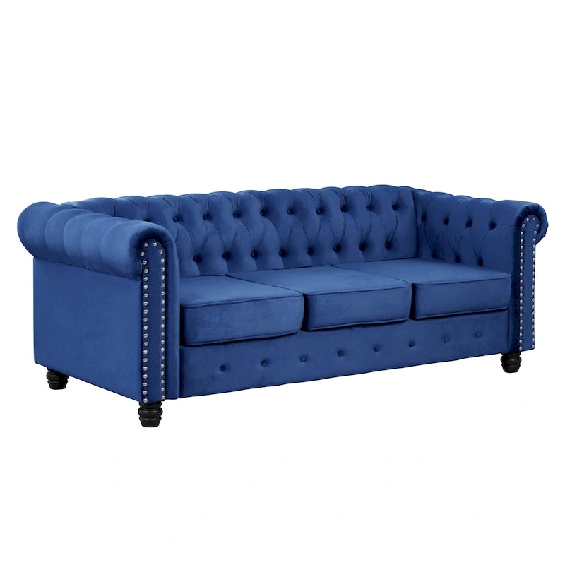 Canapé Chesterfield Morden Fort en velours, orné de clous décoratifs et doté de pieds massifs, pour salon