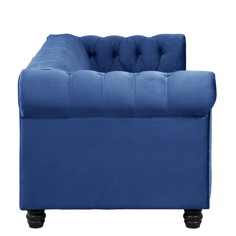 Canapé Chesterfield Morden Fort en velours, orné de clous décoratifs et doté de pieds massifs, pour salon