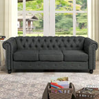 Canapé Chesterfield en lin Morden Fort avec capitonnage à boutons, clous décoratifs et pieds en bois massif pour salon