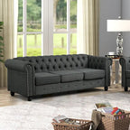 Canapé Chesterfield en lin Morden Fort avec capitonnage à boutons, clous décoratifs et pieds en bois massif pour salon