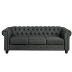 Canapé Chesterfield en lin Morden Fort avec capitonnage à boutons, clous décoratifs et pieds en bois massif pour salon