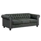 Canapé Chesterfield en lin Morden Fort avec capitonnage à boutons, clous décoratifs et pieds en bois massif pour salon
