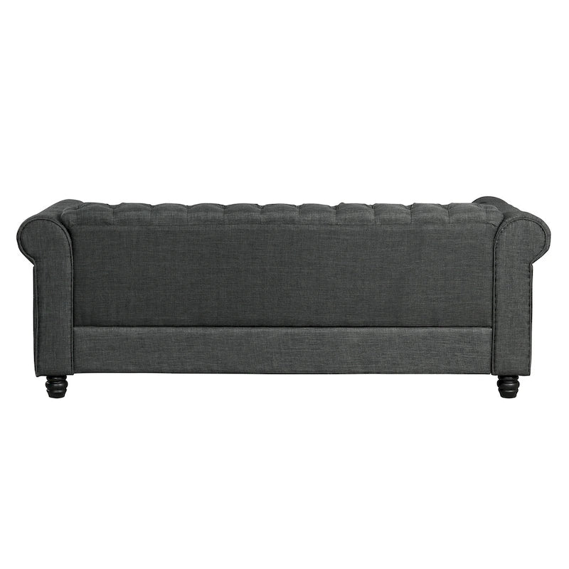 Canapé Chesterfield en lin Morden Fort avec capitonnage à boutons, clous décoratifs et pieds en bois massif pour salon