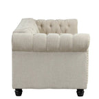 Canapé Chesterfield en lin Morden Fort avec capitonnage à boutons, clous décoratifs et pieds en bois massif pour salon