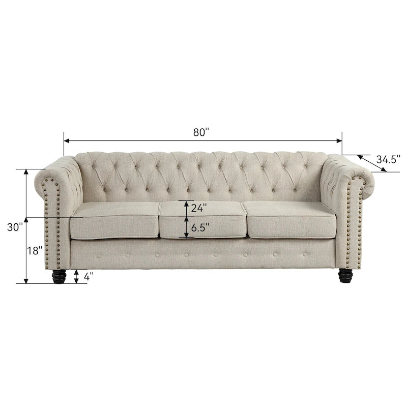 Canapé Chesterfield en lin Morden Fort avec capitonnage à boutons, clous décoratifs et pieds en bois massif pour salon