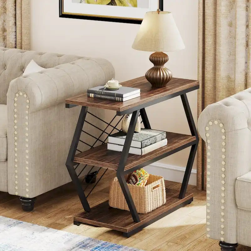 Table d'appoint à 3 niveaux avec rangement, style industriel, avec 3 étagères ouvertes.