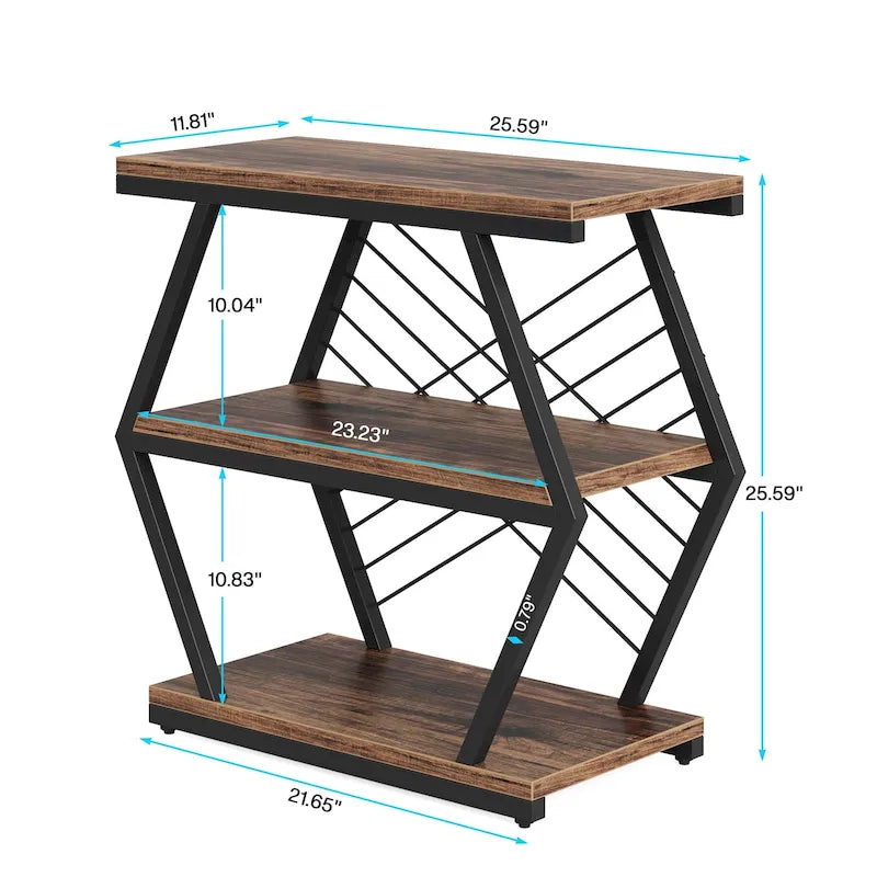 Table d'appoint à 3 niveaux avec rangement, style industriel, avec 3 étagères ouvertes.