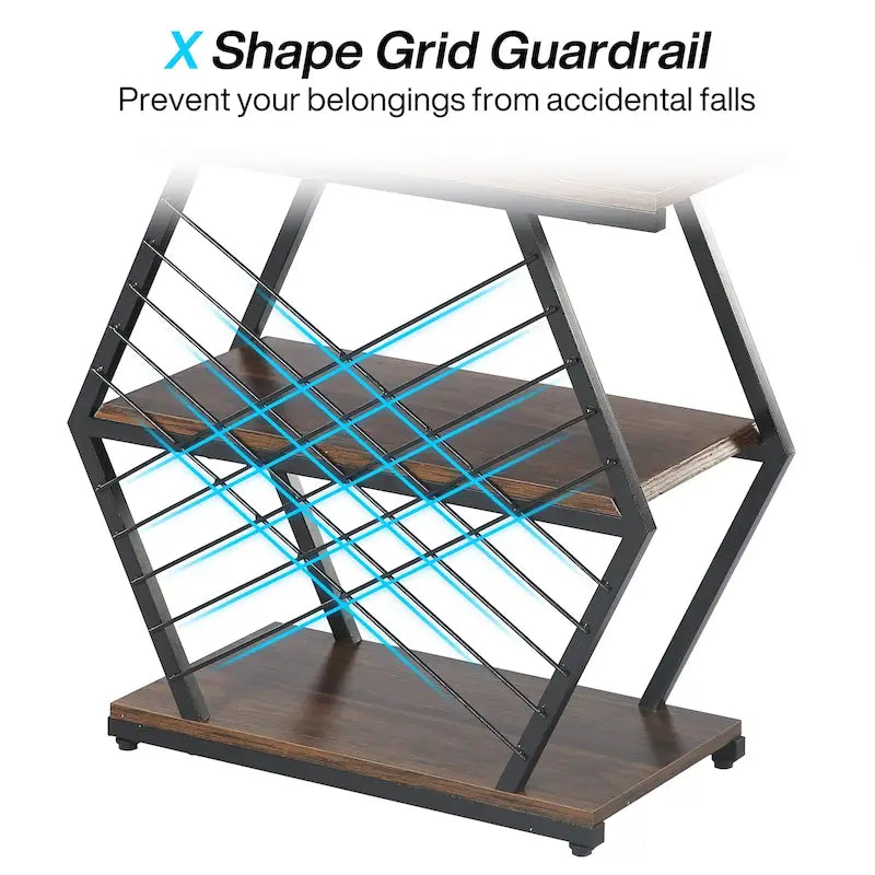 Table d'appoint à 3 niveaux avec rangement, style industriel, avec 3 étagères ouvertes.