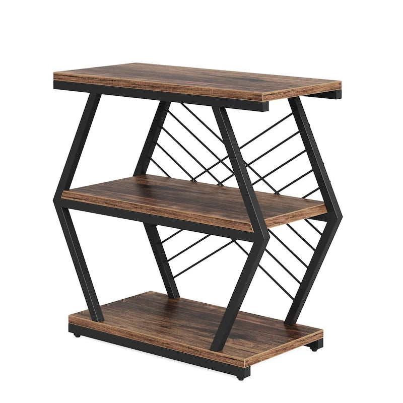 Table d'appoint à 3 niveaux avec rangement, style industriel, avec 3 étagères ouvertes.