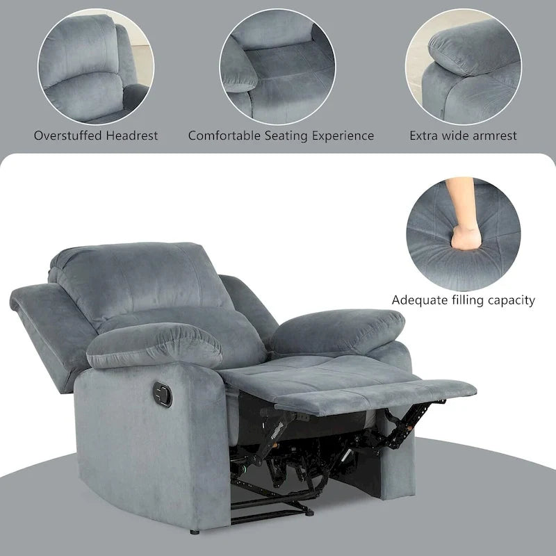 Fauteuil inclinable manuel, fauteuil inclinable rembourré en tissu doux, canapé une place pour salon ou chambre à coucher