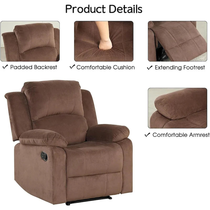 Fauteuil inclinable manuel, fauteuil inclinable rembourré en tissu doux, canapé une place pour salon ou chambre à coucher
