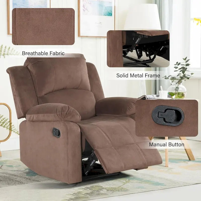 Fauteuil inclinable manuel, fauteuil inclinable rembourré en tissu doux, canapé une place pour salon ou chambre à coucher