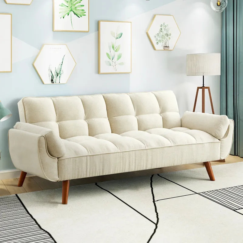 Canapé-lit futon 75,39 €, convertible et pliable, avec 2 coussins et accoudoirs, idéal pour le salon.