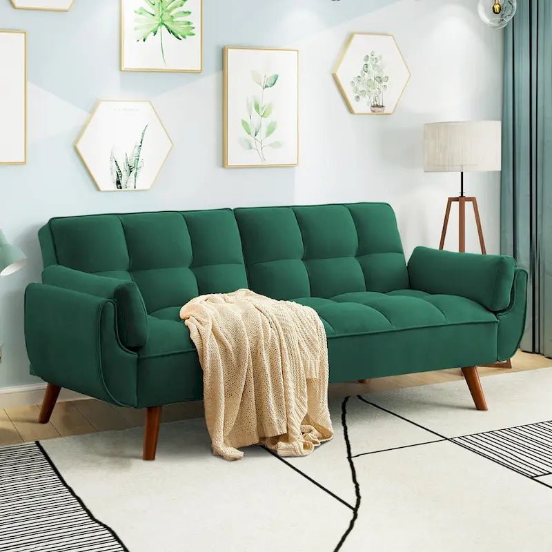 Canapé-lit futon 75,39 €, convertible et pliable, avec 2 coussins et accoudoirs, idéal pour le salon.