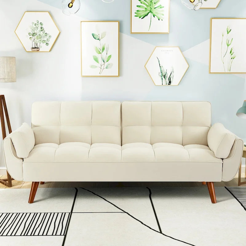 Canapé-lit futon 75,39 €, convertible et pliable, avec 2 coussins et accoudoirs, idéal pour le salon.