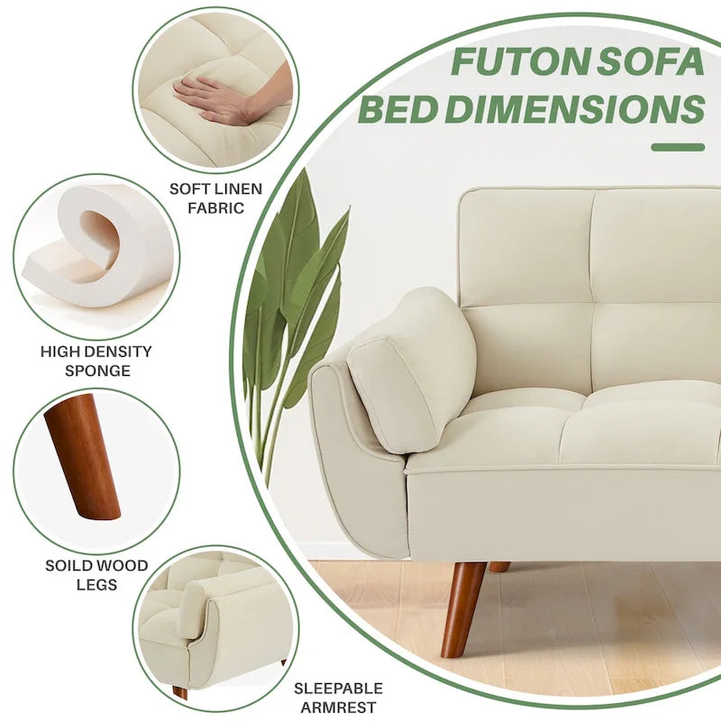 Canapé-lit futon 75,39 €, convertible et pliable, avec 2 coussins et accoudoirs, idéal pour le salon.
