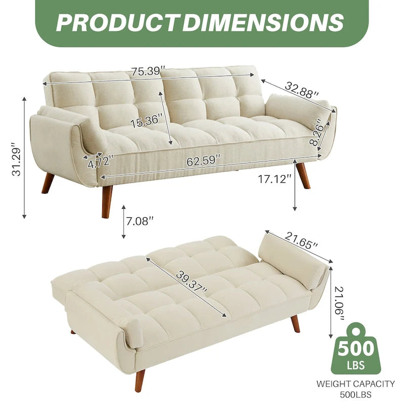 Canapé-lit futon 75,39 €, convertible et pliable, avec 2 coussins et accoudoirs, idéal pour le salon.