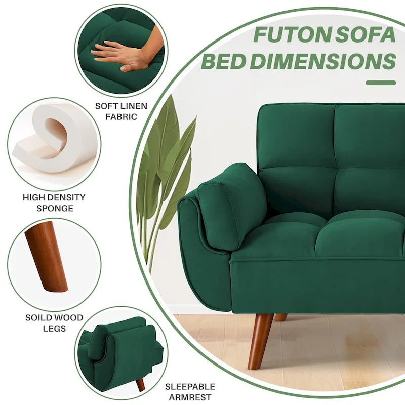 Canapé-lit futon 75,39 €, convertible et pliable, avec 2 coussins et accoudoirs, idéal pour le salon.