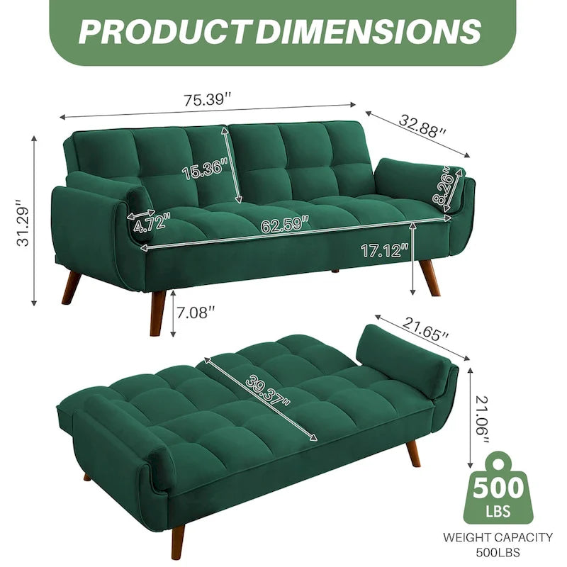 Canapé-lit futon 75,39 €, convertible et pliable, avec 2 coussins et accoudoirs, idéal pour le salon.