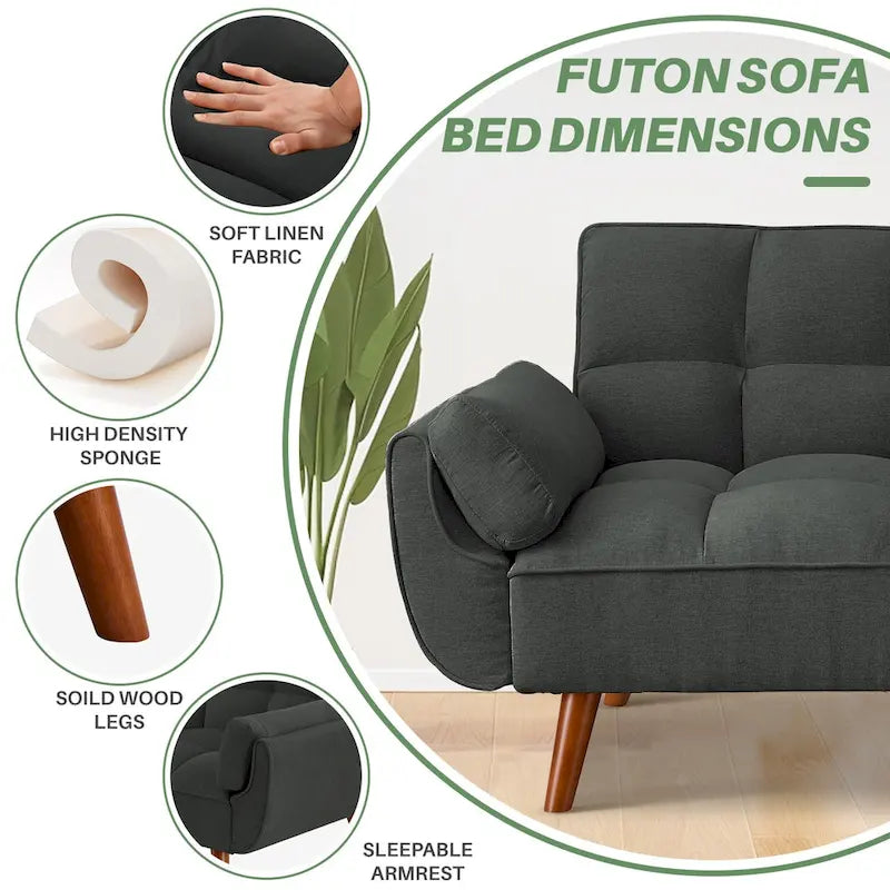 Canapé-lit futon 75,39 €, convertible et pliable, avec 2 coussins et accoudoirs, idéal pour le salon.