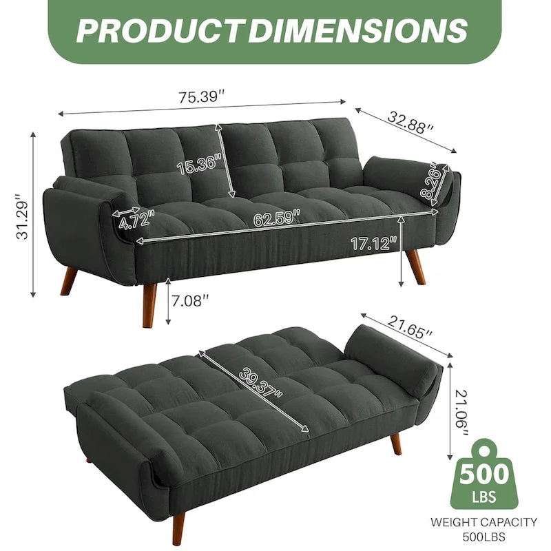 Canapé-lit futon 75,39 €, convertible et pliable, avec 2 coussins et accoudoirs, idéal pour le salon.