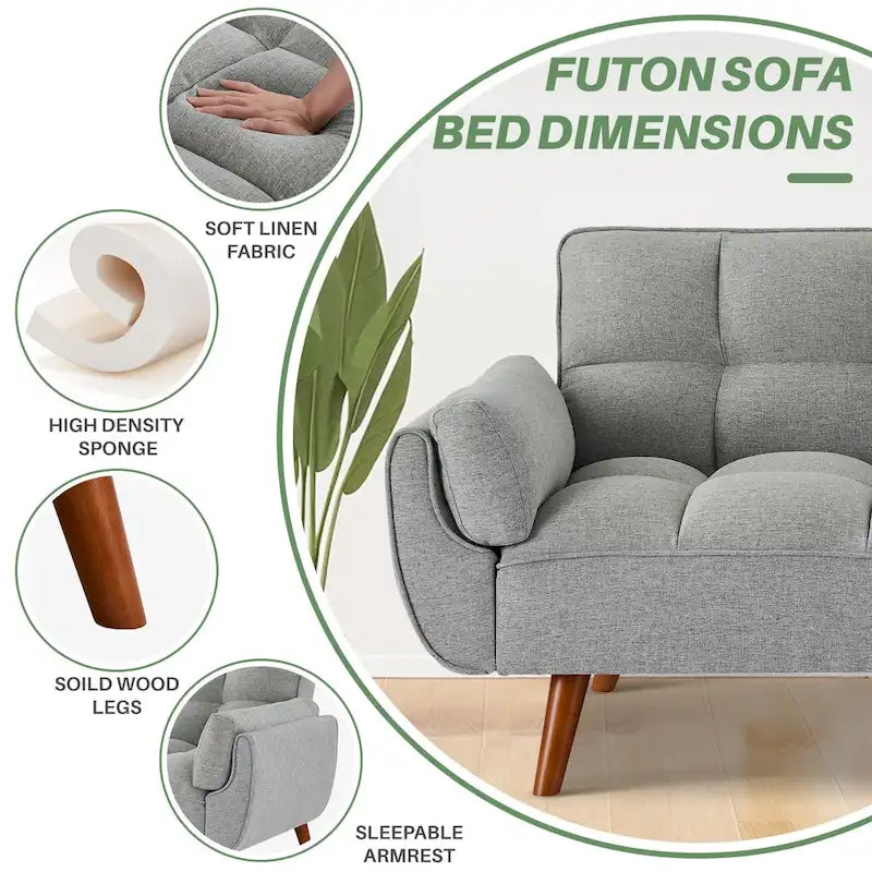 Canapé-lit futon 75,39 €, convertible et pliable, avec 2 coussins et accoudoirs, idéal pour le salon.