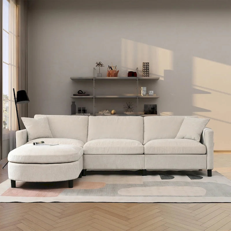 Canapé élégant 3 places en mousse avec coussins décoratifs et pouf pour salon