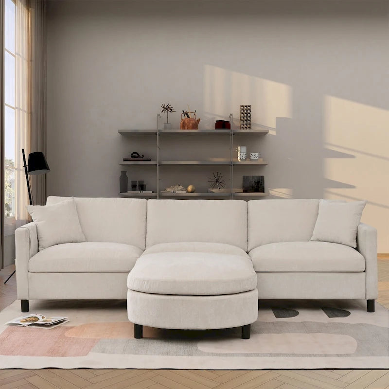 Canapé élégant 3 places en mousse avec coussins décoratifs et pouf pour salon