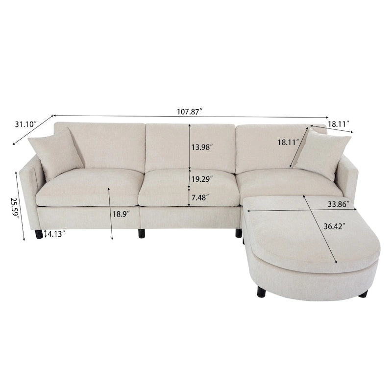 Canapé élégant 3 places en mousse avec coussins décoratifs et pouf pour salon