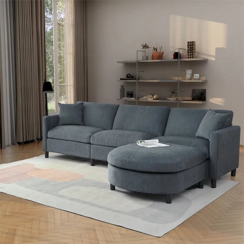 Canapé élégant 3 places en mousse avec coussins décoratifs et pouf pour salon