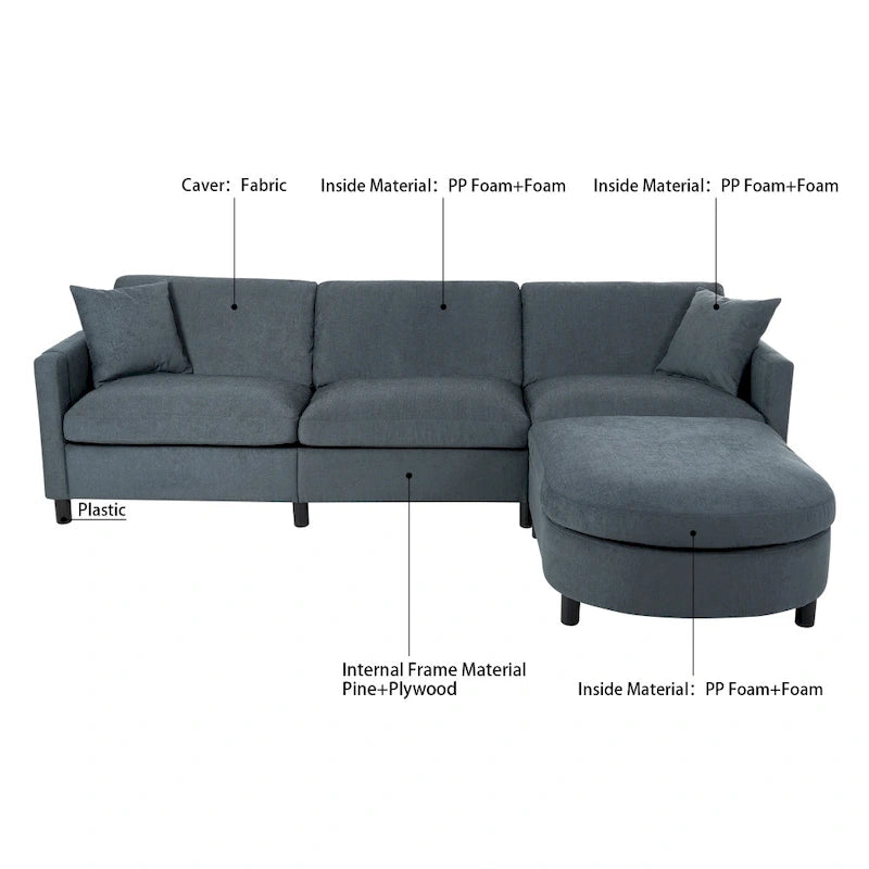 Canapé élégant 3 places en mousse avec coussins décoratifs et pouf pour salon
